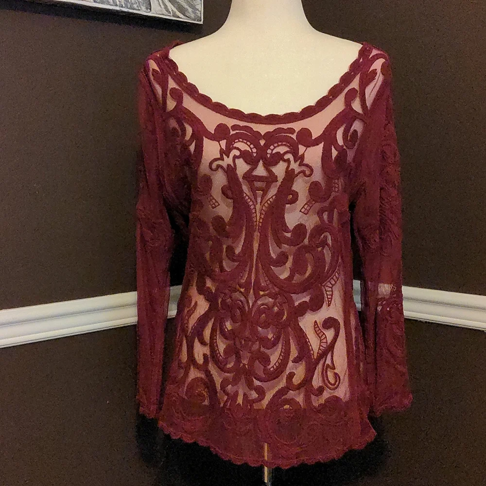 Express maroon see through mesh embroidered long sleeve top size medium